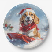 Beagle Hund in Sledge Lass es Schnee Weihnachten Pappteller (Vorderseite)