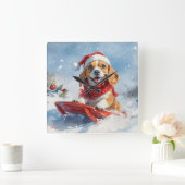 Beagle Hund in Sledge Lass es Schnee Weihnachten Quadratische Wanduhr (Zuhause)