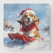 Beagle Hund in Sledge Lass es Schnee Weihnachten Quadratische Wanduhr (Vorderseite)