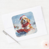 Beagle Hund in Sledge Lass es Schnee Weihnachten Quadratischer Aufkleber (Umschlag)