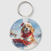 Beagle Hund in Sledge Lass es Schnee Weihnachten Schlüsselanhänger (Vorderseite)