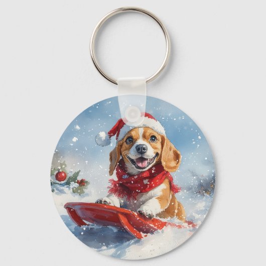 Beagle Hund in Sledge Lass es Schnee Weihnachten Schlüsselanhänger (Rückseite)