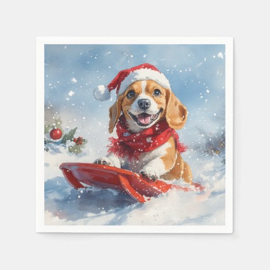 Beagle Hund in Sledge Lass es Schnee Weihnachten Serviette (Vorderseite)