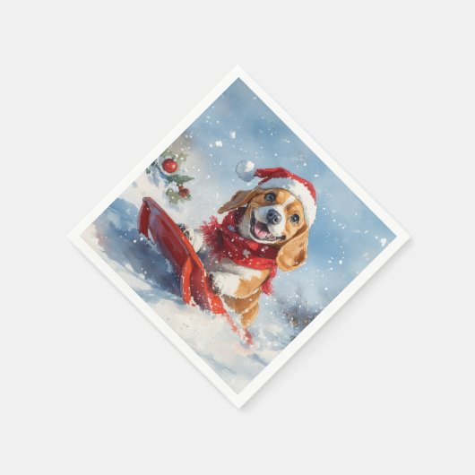 Beagle Hund in Sledge Lass es Schnee Weihnachten Serviette (Ecke)