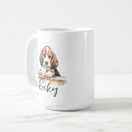Beagle Hund mit Kaffee-Tasse, Hund mit Haltung Kaffeetasse (Vorderseite Links)