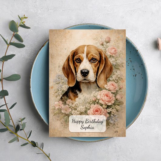 Beagle-Hund mit Rosen Karte
