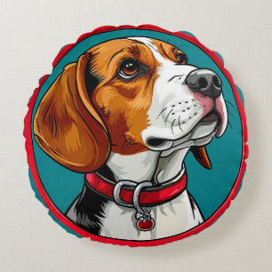 Beagle-Hund mit rotem Halsband Rundes Kissen