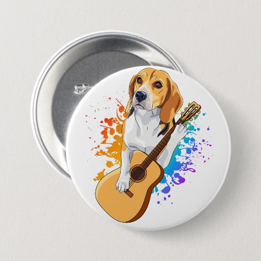 Beagle Hund spielt akustische Gitarre Button (Vorne & Hinten)