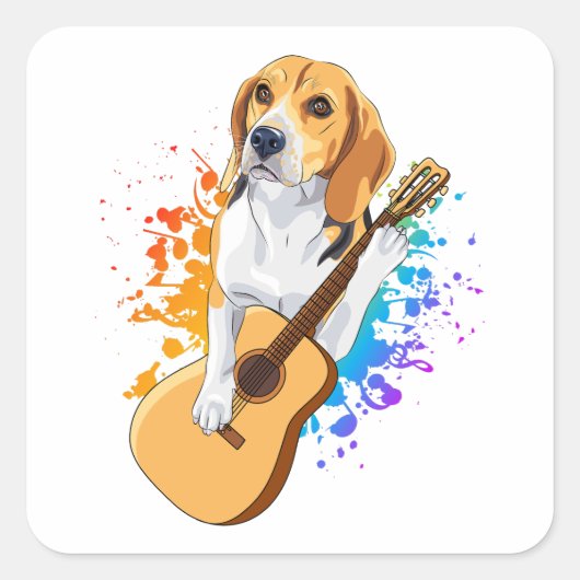 Beagle Hund spielt akustische Gitarre Quadratischer Aufkleber (Vorderseite)