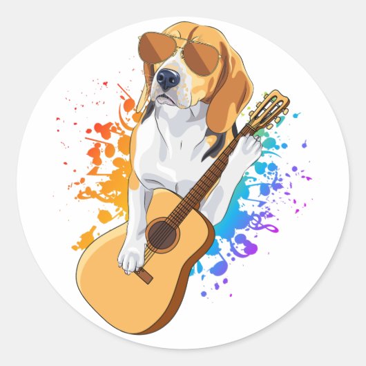 Beagle Hund tragen Sonnenbrille Gitarre spielen Runder Aufkleber (Vorderseite)