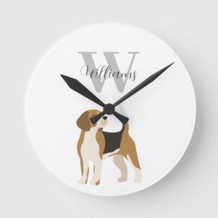 Beagle-Hund Wasserfarben-Monogramm Name Runde Wanduhr