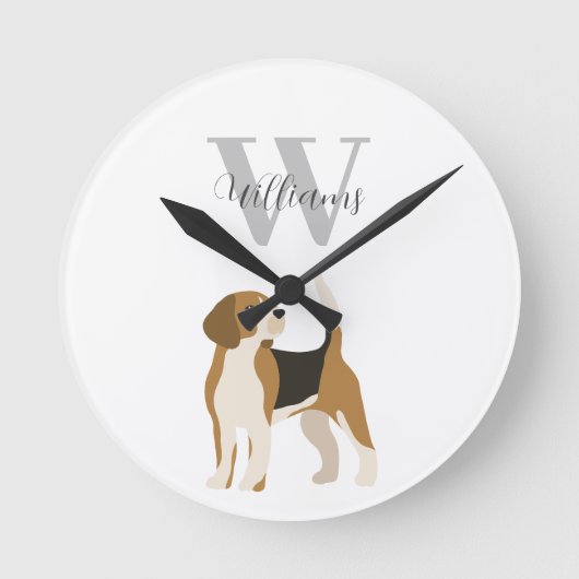 Beagle-Hund Wasserfarben-Monogramm Name  Runde Wanduhr (Vorderseite)