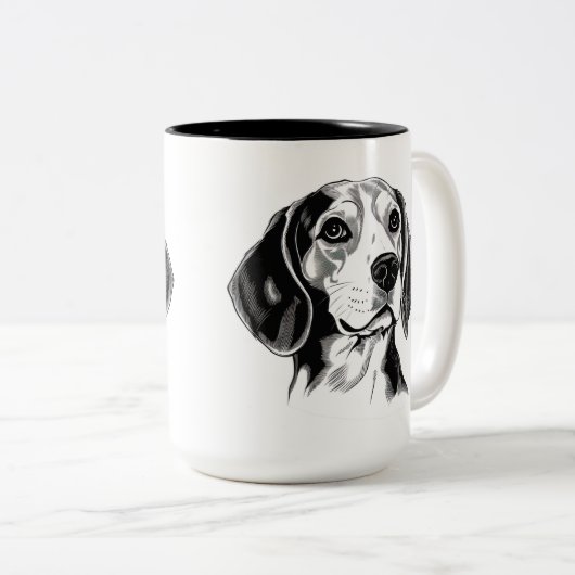 Beagle Hunde Schwarz-Weiß-Kontur Silhouette Zweifarbige Tasse (VorderseiteRechts)