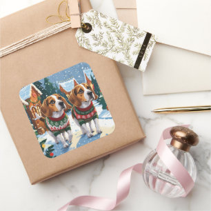 Beagle-Hunde Weihnachten Schnee Feiertag Quadratischer Aufkleber