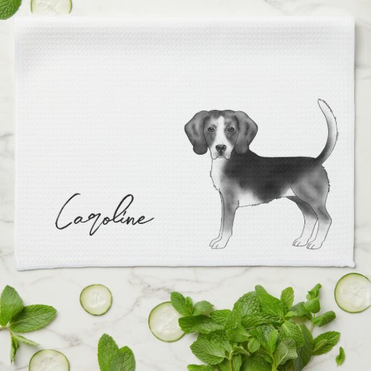 Beagle-Hundedesign in Schwarz-Weiß mit Namen Geschirrtuch (Gefaltet)