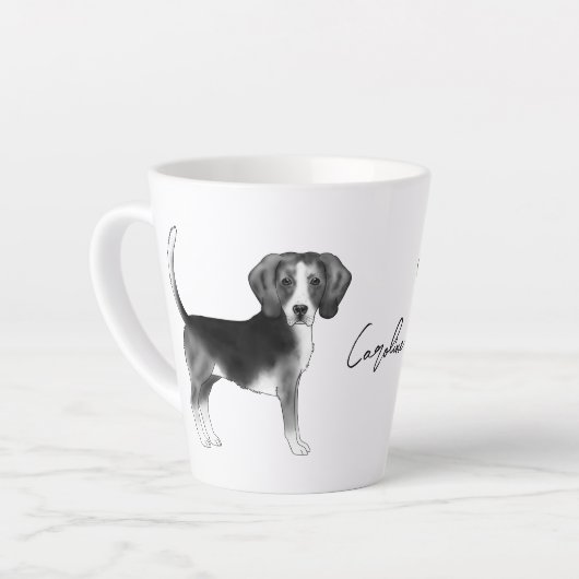 Beagle-Hundedesign in Schwarz-Weiß mit Namen Milchtasse (Linke Ecke)