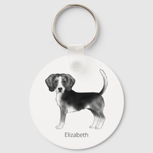 Beagle-Hundedesign in Schwarz-Weiß mit Namen Schlüsselanhänger (Vorderseite)