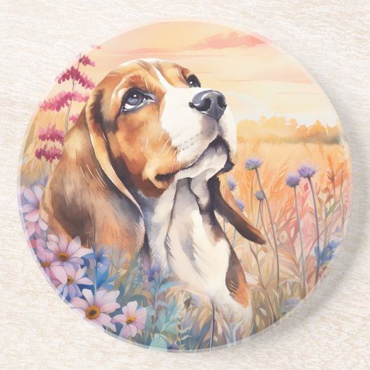 Beagle-Hundefan mit Sandstein-Wildblumenwiese Getränkeuntersetzer (Vorne)