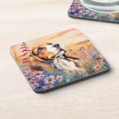 Beagle-Hundefan mit Wildblumenwiese Getränkeuntersetzer (Linke Seite)
