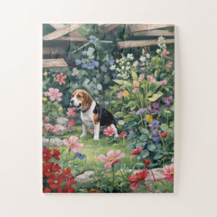 Beagle im Garten Blumengeschenk, Tierfreund Puzzle