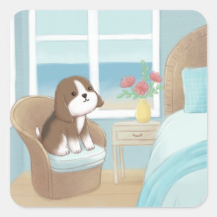Beagle im Schlafzimmerbild Quadratischer Aufkleber