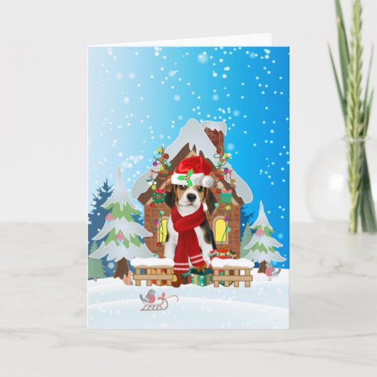 Beagle im Schnee mit Weihnachtsgeschenken Karte (Vorderseite)