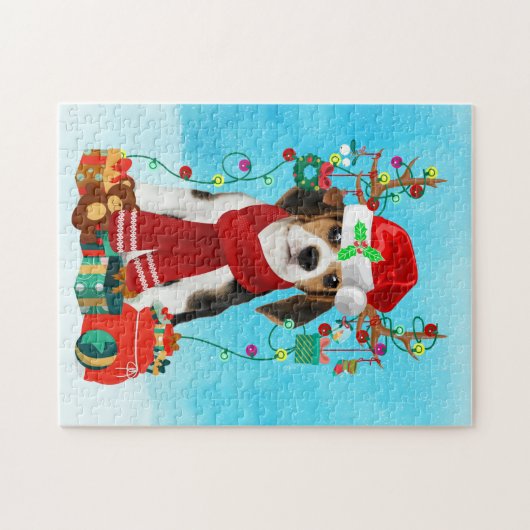Beagle im Schnee mit Weihnachtsgeschenken Puzzle (Horizontal)