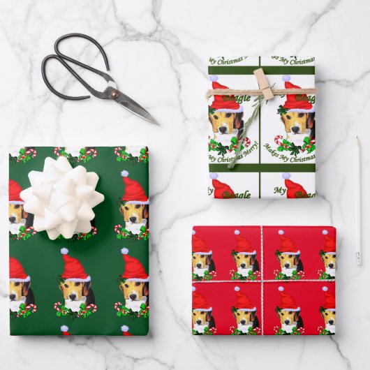 Beagle in der Weihnachtsmannmütze Weihnachten Geschenkpapier Set (Vorderseite)
