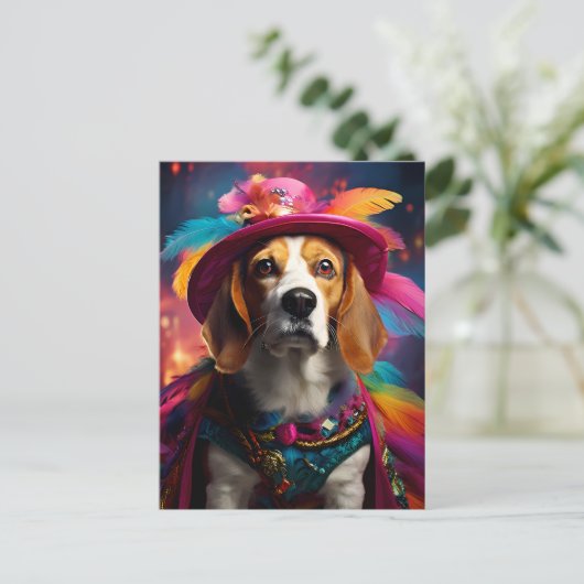 Beagle in einem Federhut Postkarte (Stehend Vorderseite)