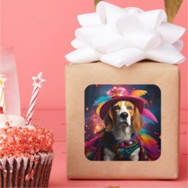 Beagle in einem Federhut Quadratischer Aufkleber