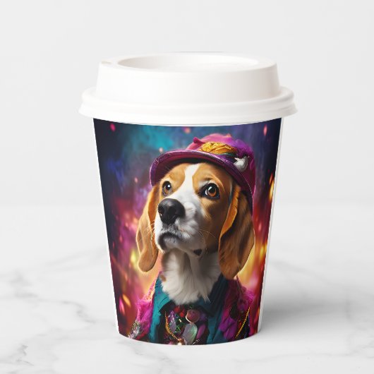 Beagle in einem rosa Hut Pappbecher (Rückseite)