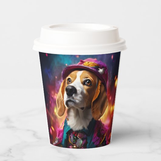 Beagle in einem rosa Hut Pappbecher (Vorderseite)