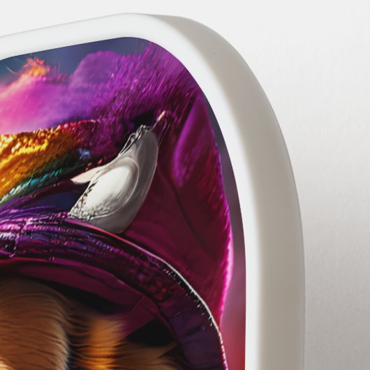 Beagle in einem rosa Hut Pickleball Schläger (Linke Seite)