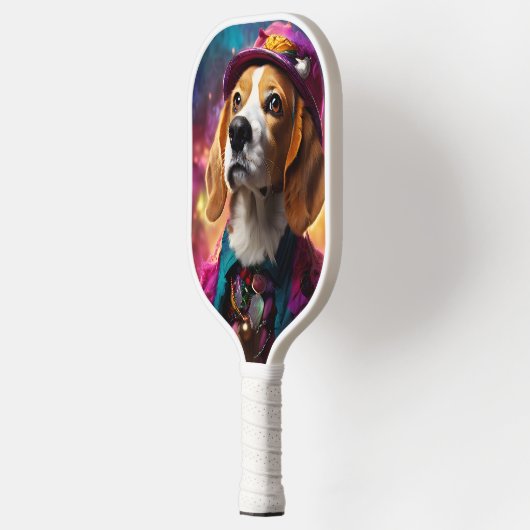 Beagle in einem rosa Hut Pickleball Schläger (Links)