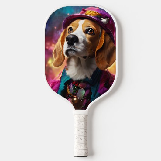 Beagle in einem rosa Hut Pickleball Schläger (Vorderseite)
