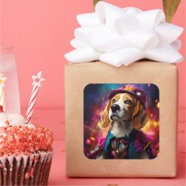 Beagle in einem rosa Hut Quadratischer Aufkleber
