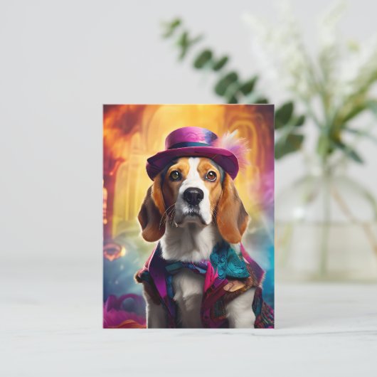 Beagle in lebendiger Kostüm Postkarte (Stehend Vorderseite)