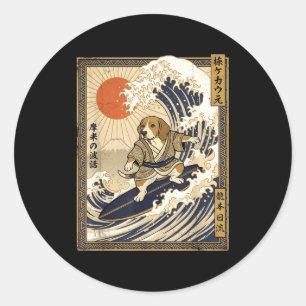 Beagle japanischer Surfer Kanagawa-Welle lustiger Runder Aufkleber