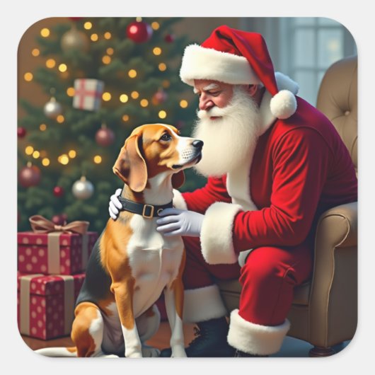 Beagle Meets Santa Christmas Painting Quadratischer Aufkleber (Vorderseite)