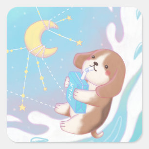 Beagle, Milch und Mond Quadratischer Aufkleber