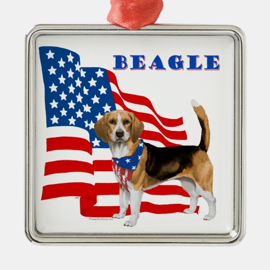 Beagle mit amerikanischer Flagge Silbernes Ornament (Vorne)