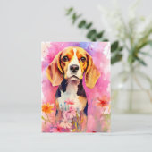 Beagle mit Blume Aquarell Postkarte (Stehend Vorderseite)