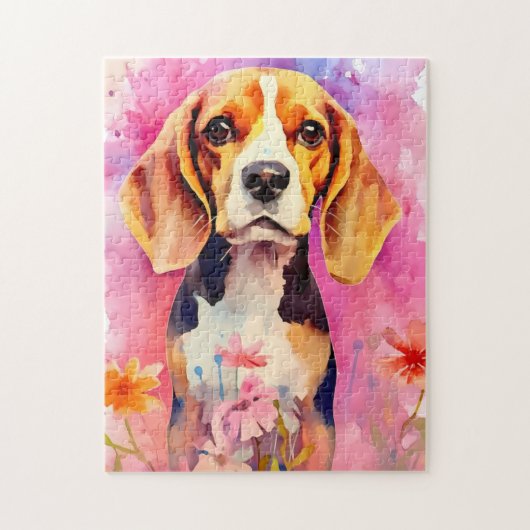 Beagle mit Blume Aquarell Puzzle (Vertikal)