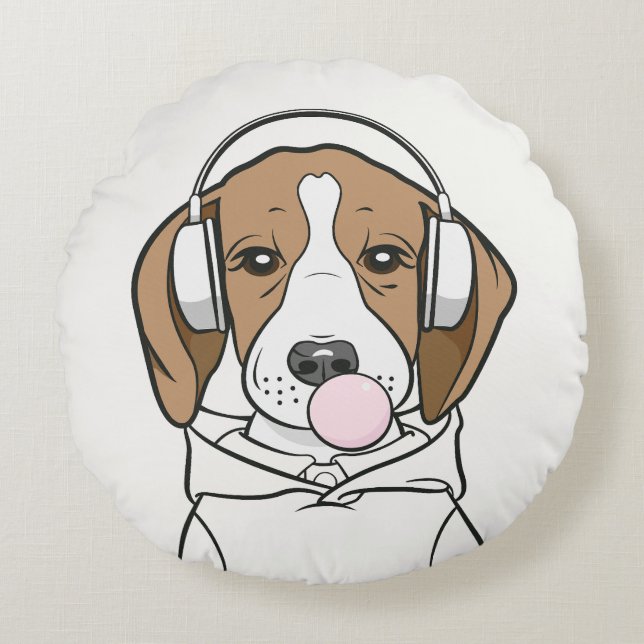 Beagle mit Bubblegum Niedlich Funny Funny Dog Rundes Kissen (Vorderseite)