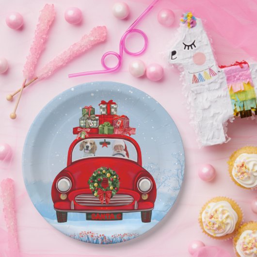 Beagle mit dem Weihnachtsmann im Auto Pappteller (Party)