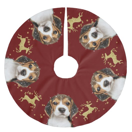 Beagle mit Gold Glitzer Hirsche Weihnachten | Rot Polyester Weihnachtsbaumdecke (Vorderseite)