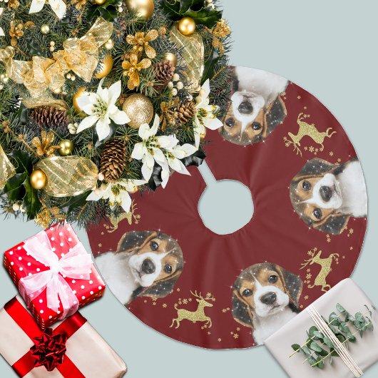 Beagle mit Gold Glitzer Hirsche Weihnachten | Rot Polyester Weihnachtsbaumdecke