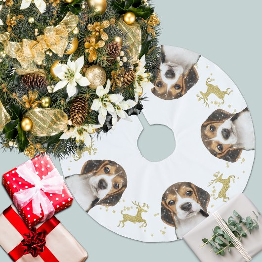 Beagle mit Gold Glitzer Hirsche Weihnachten | weiß Polyester Weihnachtsbaumdecke