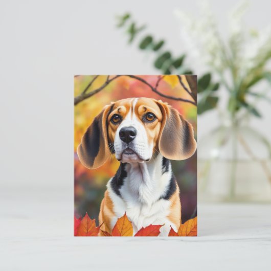 Beagle mit Herbstlauben Kunst im Herbst Postkarte (Stehend Vorderseite)