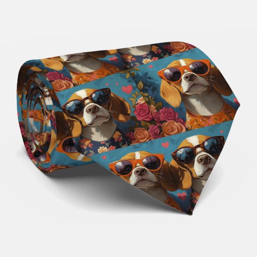 Beagle mit Rose des Herzens Valentinstag Krawatte (Gerollt)